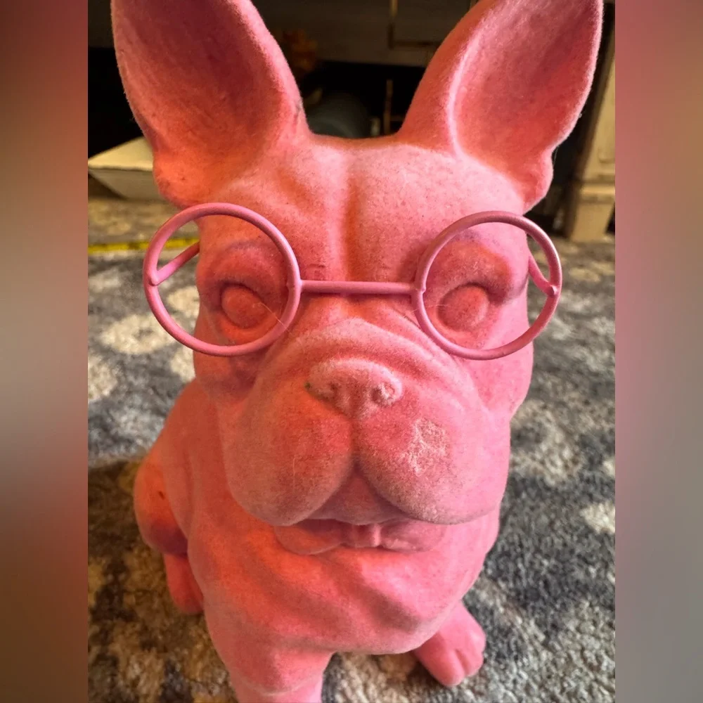 Pink Velvet French Bulldog Statue with Glasses